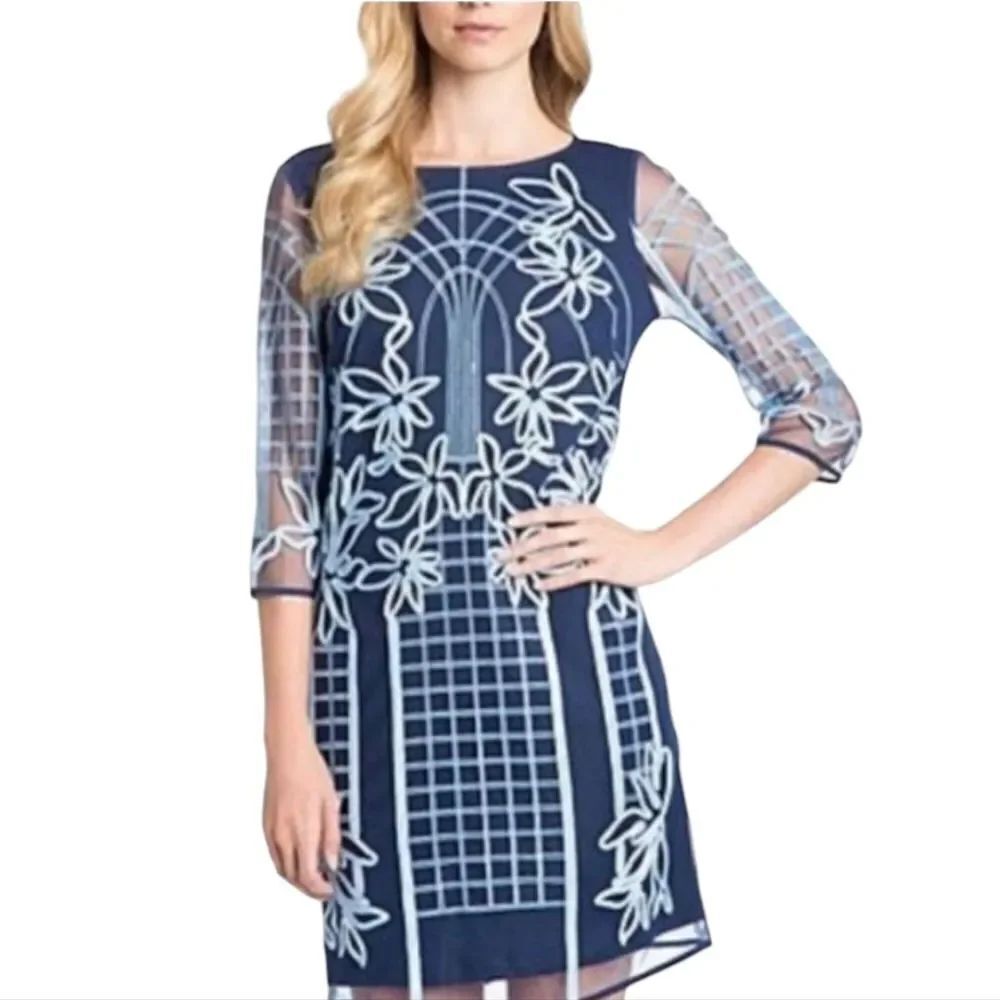 BELLE BADGLEY MISCHKA Sheath Dress Long Sleeve Navy Blue Light Blue Appliqué 12